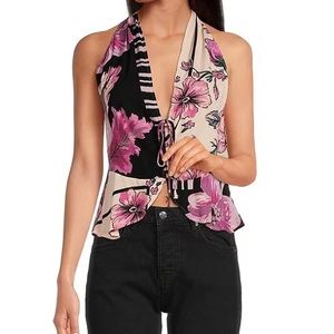 Free People Small Top Hot Tropics Floral Dark Combo Cinched Halter Racerback NWT
